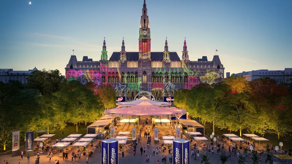 So wird das "Eurovision Village" am Rathausplatz aussehen. Tausende Fans k&ouml;nnen hier kostenlos die Finalshows und das Rahmenprogramm zum Eurovision Song Contest im Mai in Wien kostenlos verfolgen und beim internationalen Musik-Fest mitfeiern. / Foto: Zoom Visual Project Gmbh