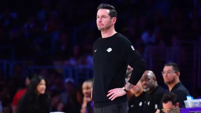 April 7, 2026; Los Angeles, California, USA; Los Angeles Lakers head coach JJ Redick watches game action against the Oklahoma City Thunder during the first half at Crypto.com Arena. Mandatory Credit: Gary A. Vasquez-Imagn Images