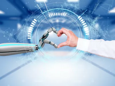 A robot hand and a human hand makes a heart via the HUD display. 3d illustration.