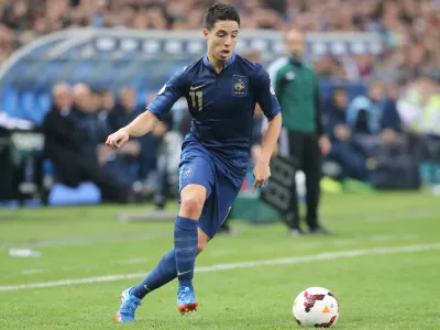 FILE - France's Samir Nasri, controls the ball during their group I World Cup qualifying soccer match between France and Finland at the Stade de France stadium in Saint Denis outside of Paris, Oct. 15, 2013. (AP Photo/Michel Euler, File)