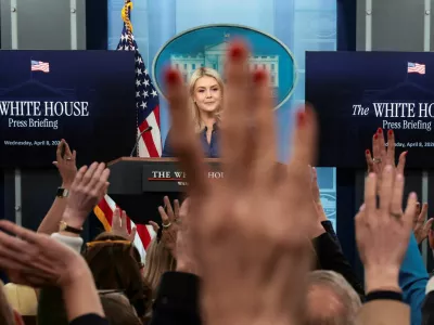 U.S. White House Press Secretary Karoline Leavitt reacts as she takes questions from the media during a press briefing in the James S. Brady Press Briefing Room at the White House in Washington, D.C., U.S., April 8, 2026. REUTERS/Evelyn Hockstein