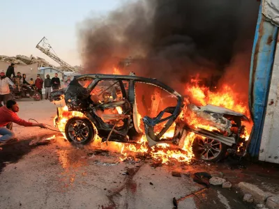 A vehicle burns following an Israeli strike that killed Al Jazeera journalist Mohammad Weshah, according to medics, in Gaza City April 8, 2026. REUTERS/Dawoud Abu Alkas