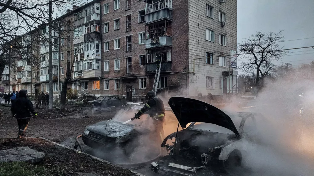 A firefighter works at the site of a Russian drone strike, amid Russia's attack on Ukraine, near the town of Konotop, Sumy region, Ukraine April 10, 2026. Press service of the State Emergency Service of Ukraine in Sumy region/Handout via REUTERS ATTENTION EDITORS - THIS IMAGE HAS BEEN SUPPLIED BY A THIRD PARTY. DO NOT OBSCURE LOGO.