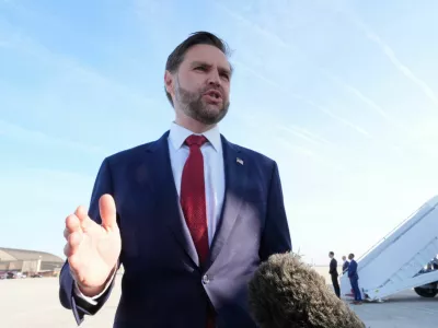 U.S. Vice President JD Vance speaks to the media before boarding Air Force Two for expected departure to Pakistan for talks on Iran, at Joint Base Andrews, Maryland, U.S., April 10, 2026. Jacquelyn Martin/Pool via REUTERS