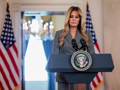 U.S. first lady Melania Trump delivers remarks regarding the late financier and convicted sex offender Jeffrey Epstein from the Grand Foyer of the White House in Washington, D.C., U.S., April 9, 2026. REUTERS/Evan Vucci   TPX IMAGES OF THE DAY