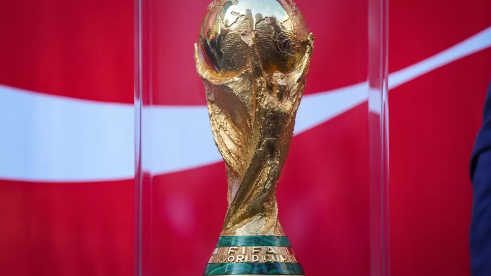 The FIFA World Cup trophy is displayed during the launch of a trophy tour in Vancouver, on Friday, April 10, 2026. (Darryl Dyck/The Canadian Press via AP)