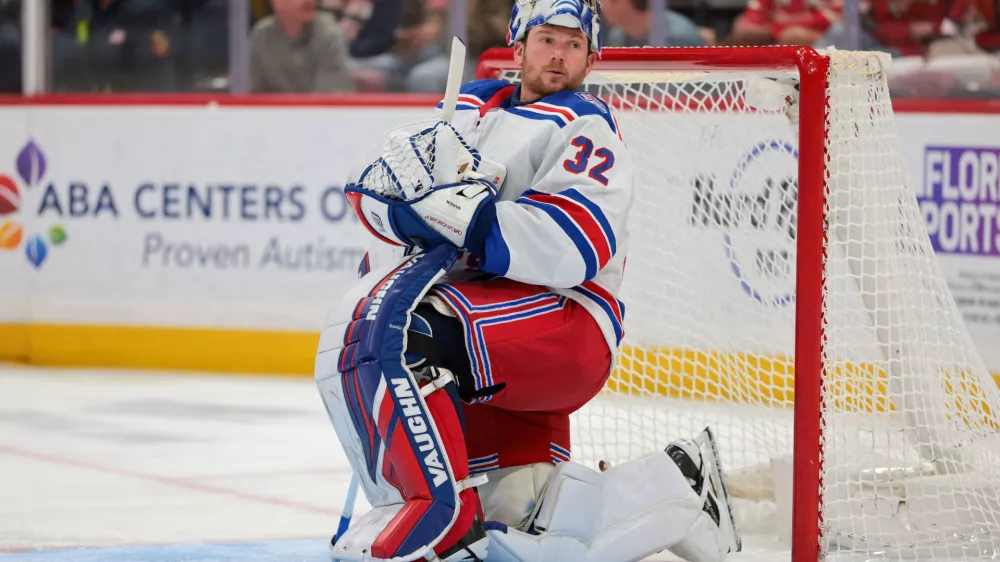 Apr 13, 2026; Sunrise, Florida, USA; New York Rangers goaltender Jonathan Quick (32) looks on against the Florida Panthers during the first period at Amerant Bank Arena. Mandatory Credit: Sam Navarro-Imagn Images