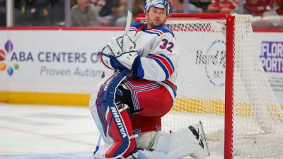 Apr 13, 2026; Sunrise, Florida, USA; New York Rangers goaltender Jonathan Quick (32) looks on against the Florida Panthers during the first period at Amerant Bank Arena. Mandatory Credit: Sam Navarro-Imagn Images