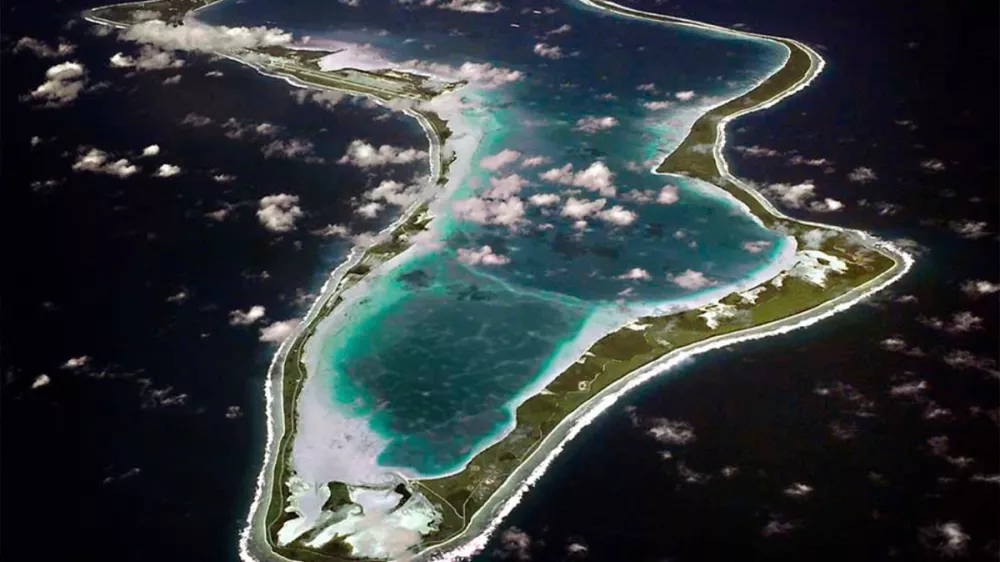 FILE - This image realeased by the U.S. Navy shows an aerial view of Diego Garcia. (U.S. Navy via AP, File)