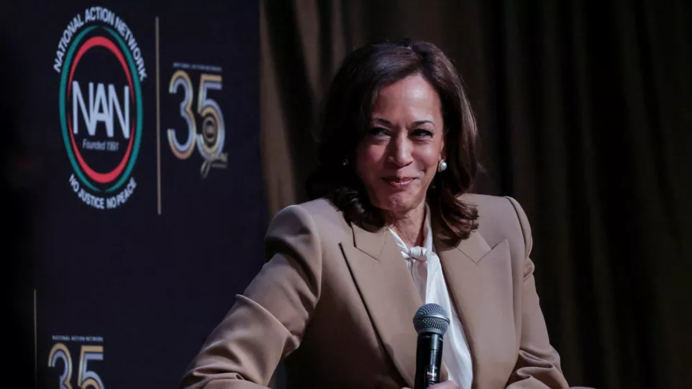 Former U.S. Vice President Kamala Harris reacts during the National Action Network (NAN) National Convention in New York City, U.S., April 10, 2026. REUTERS/Jeenah Moon