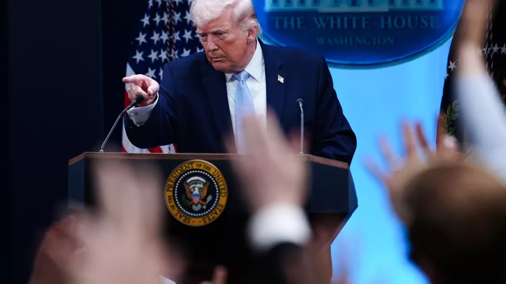 FILE - President Donald Trump speaks with reporters in the James Brady Press Briefing Room at the White House, Monday, April 6, 2026, in Washington. (AP Photo/Julia Demaree Nikhinson, File)