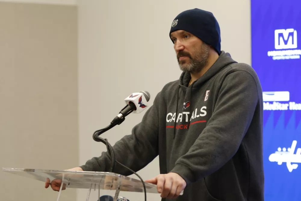 Apr 12, 2026; Washington, District of Columbia, USA; Washington Capitals left wing Alex Ovechkin speaks with the media after the Capitals' game against the Pittsburgh Penguins at Capital One Arena. Mandatory Credit: Geoff Burke-Imagn Images