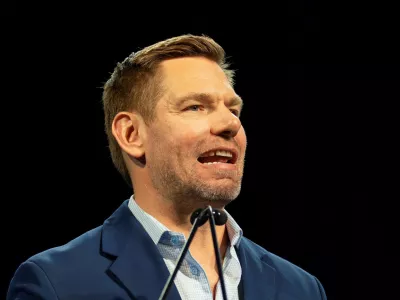 FILE PHOTO: California gubernatorial candidate Eric Swalwell speaks during the California Democratic Convention in San Francisco, California, U.S., February 21, 2026. REUTERS/Manuel Orbegozo/File Photo