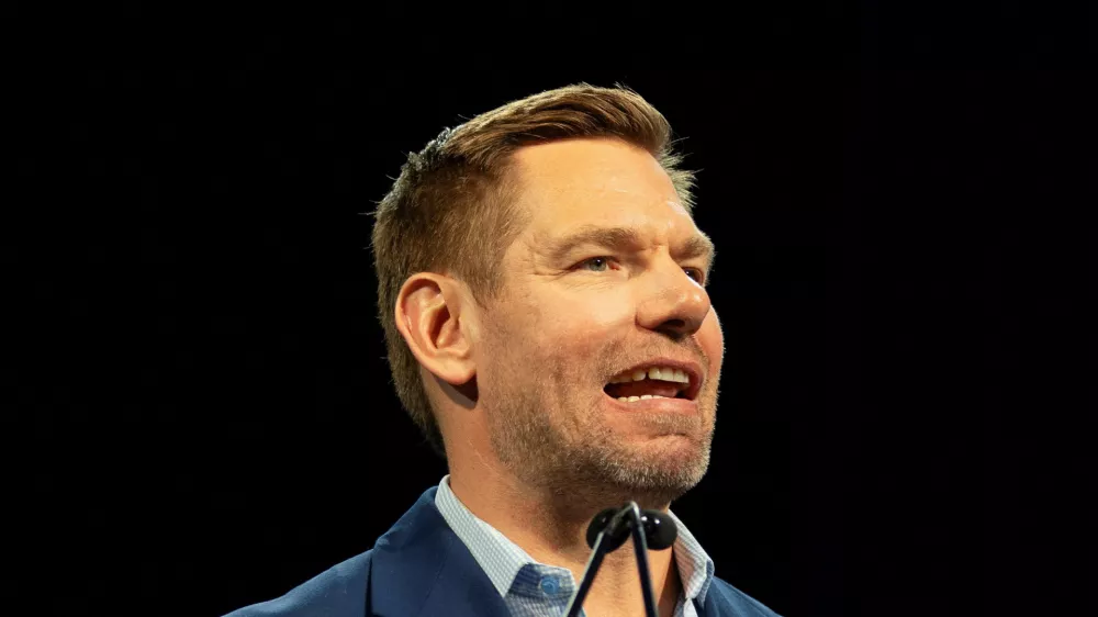 FILE PHOTO: California gubernatorial candidate Eric Swalwell speaks during the California Democratic Convention in San Francisco, California, U.S., February 21, 2026. REUTERS/Manuel Orbegozo/File Photo