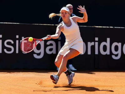 Veronika Erjavec (SLO) in action in her Women's Singles match against Kaitlin Quevedo (ESP) during Day 2 at the 2026 Billie Jean King Cup by Gainbridge Qualifier between Slovenia and Spain at TC Portoroz, on April 11, 2026 in Portoroz / Portorose, Slovenia. Photo by Vid Ponikvar