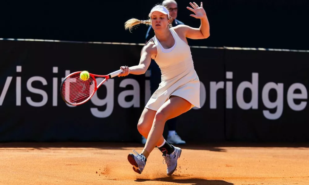 Veronika Erjavec (SLO) in action in her Women's Singles match against Kaitlin Quevedo (ESP) during Day 2 at the 2026 Billie Jean King Cup by Gainbridge Qualifier between Slovenia and Spain at TC Portoroz, on April 11, 2026 in Portoroz / Portorose, Slovenia. Photo by Vid Ponikvar
