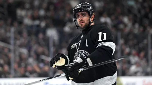 Apr 11, 2026; Los Angeles, California, USA; Los Angeles Kings center Anze Kopitar (11) is seen on the ice during the third period against the Edmonton Oilers at Crypto.com Arena. Mandatory Credit: Griffin Hooper-Imagn Images