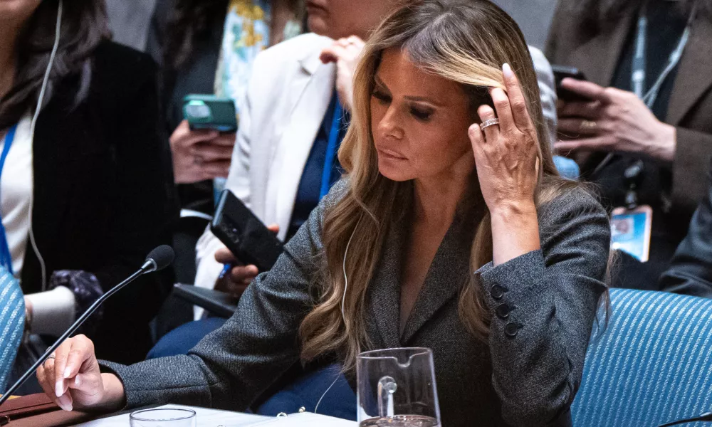 Melania Trump, first lady of the United States, presides over the United Nations Security Council at United Nations headquarters, Monday, March 2, 2026. (AP Photo/Angelina Katsanis)