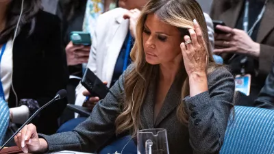 Melania Trump, first lady of the United States, presides over the United Nations Security Council at United Nations headquarters, Monday, March 2, 2026. (AP Photo/Angelina Katsanis)