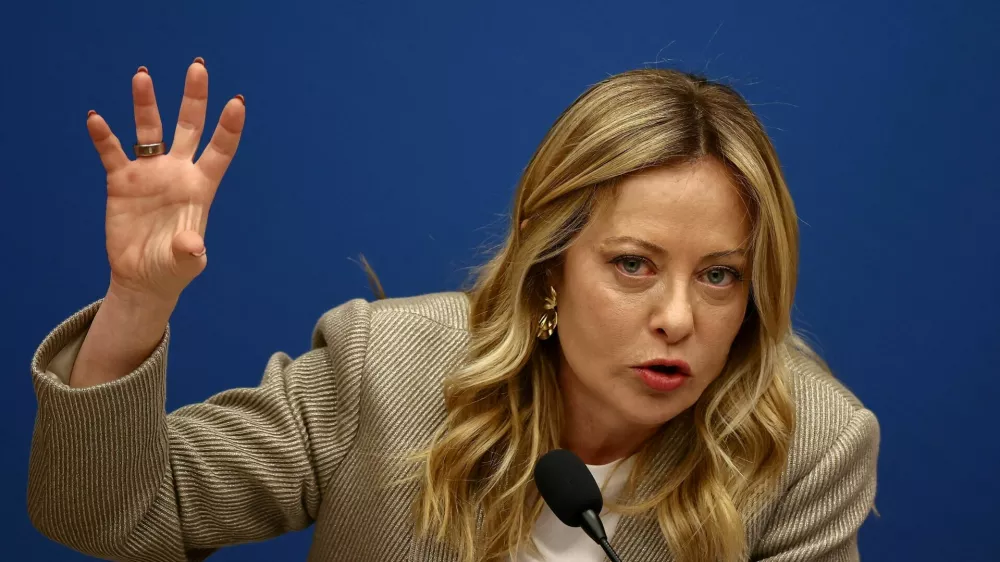 FILE PHOTO: Italy's Prime Minister Giorgia Meloni attends her end-of-year press conference in Rome, Italy, January 9, 2026. REUTERS/Vincenzo Livieri/File Photo