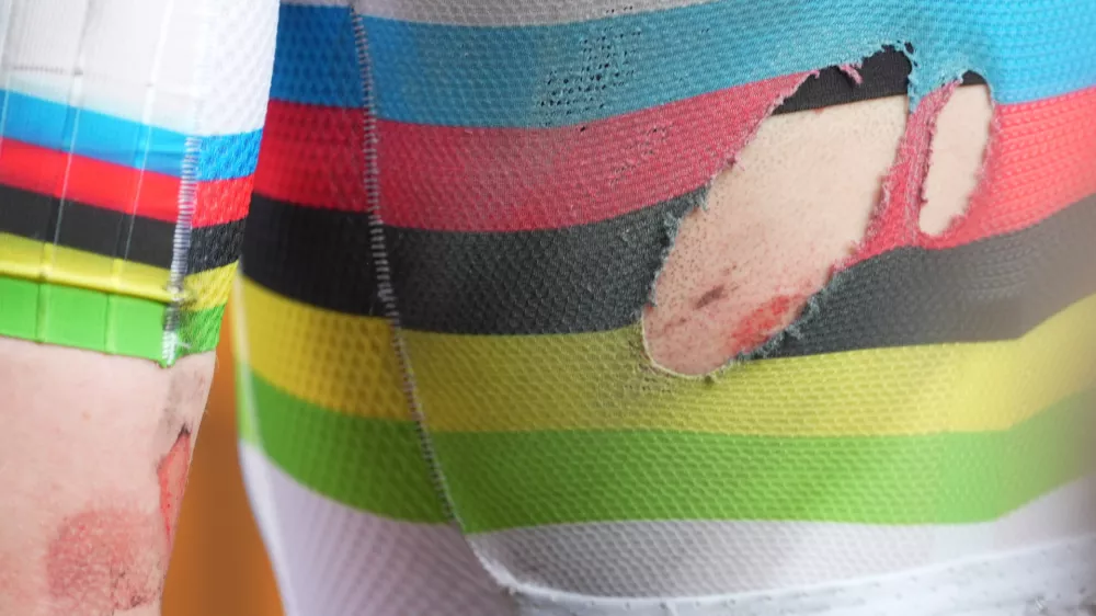 A detail on the jersey of Slovenia's Tadej Pogacar of UAE Team Emirates XRG after winning the men's elite race of the Milano-Sanremo one day cycling race (298 km) from Pavia to Sanremo, Italy, March 21, 2026. (Massimi Paolone/LaPresse via AP)