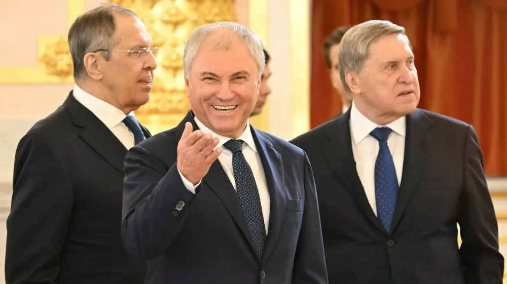 From left to right: Russian Foreign Minister Sergey Lavrov, State Duma Speaker Vyacheslav Volodin and Presidential Aide Yuri Ushakov before the meeting.Credit: Dmitry Azarov/Kommersant Photo/Sipa USA,Image: 1078473958, License: Rights-managed, Restrictions: *** World Rights Except Russian Federation, Switzerland and Liechtenstein *** CHEOUT LIEOUT RUSOUT, Model Release: no