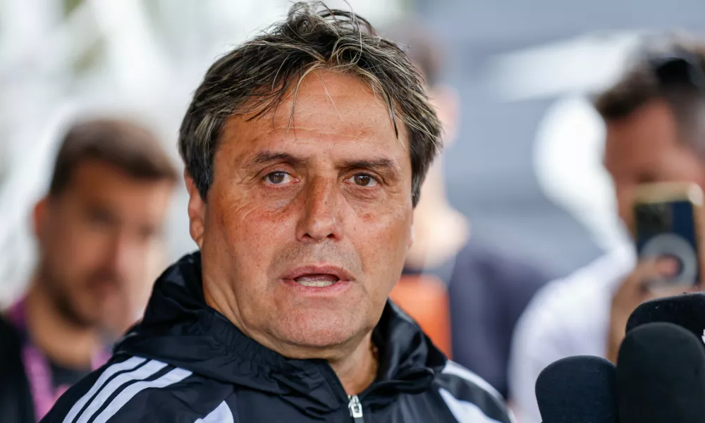 Inter Miami head coach Guillermo Hoyos responds to a question during a media availability at the MLS soccer team's training facility, Wednesday, April 15, 2026, in Fort Lauderdale, Fla. (AP Photo/Chris Arjoon)
