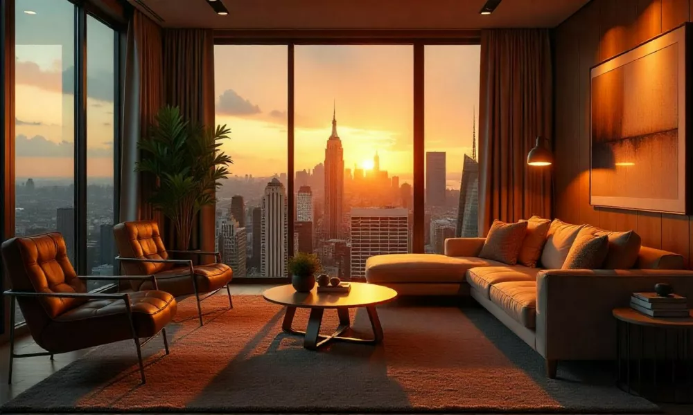 Luxury penthouse interior overlooking New York City at sunset,Image: 1071854903, License: Royalty-free, Restrictions:, Model Release: no