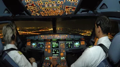 Pilots in the cockpit of an Airbus 321 during approach,Image: 43404168, License: Rights-managed, Restrictions:, Model Release: yes