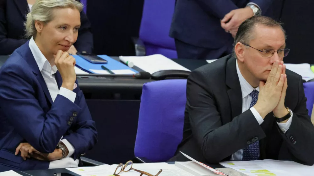 Alternative for Germany (AfD) co-leaders Alice Weidel and Tino Chrupalla attend a plenum session of the lower house of parliament, the Bundestag, in Berlin, Germany, April 16, 2026. REUTERS/Fabrizio Bensch