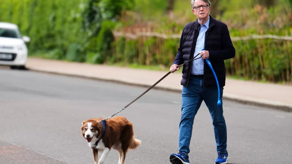 Peter Mandelson is seen outside his home in London, Friday, April 17, 2026. (Jordan Pettitt/PA via AP)