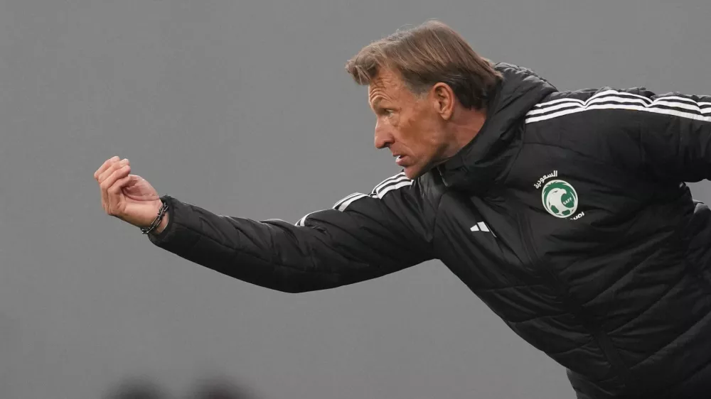 FILE - Saudi Arabia's head coach Herve Renard gestures during the international friendly soccer match between Serbia and Saudi Arabia in Backa Topola, Serbia, Tuesday, March 31, 2026. (AP Photo/Darko Vojinovic, File)