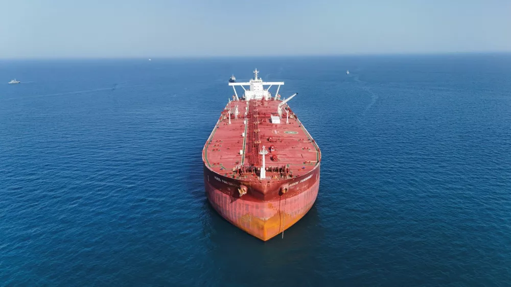 A drone view shows the Malta-flagged tanker Agios Fanourios I, an oil tanker that sailed through the Strait of Hormuz, arriving in Iraq's territorial waters off Basra, Iraq, April 17, 2026. REUTERS/Mohammed Aty