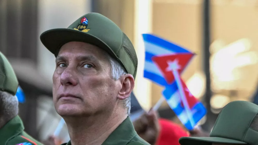 Cuban President Miguel Diaz-Canel attends a ceremony marking the 65th anniversary of Fidel Castro's declaration of the socialist character of the Cuban Revolution, made on the eve of the Bay of Pigs invasion in 1961, in Havana, Cuba April 16, 2026. REUTERS/Norlys Perez   TPX IMAGES OF THE DAY
