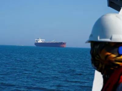 The Malta-flagged tanker Agios Fanourios I, an oil tanker that sailed through the Strait of Hormuz, arrives in Iraq's territorial waters off Basra,Iraq April 17, 2026. REUTERS/Mohammed Aty