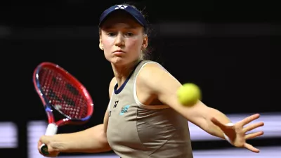 Kazakhstan's Jelena Rybakina returns a shot to Czech Republic's Karolina Muchova, during the women's final match at the Stuttgart Open tennis tournament, in Stuttgart, England, Sunday, April 19, 2026. (Marijan Murat/dpa via AP)