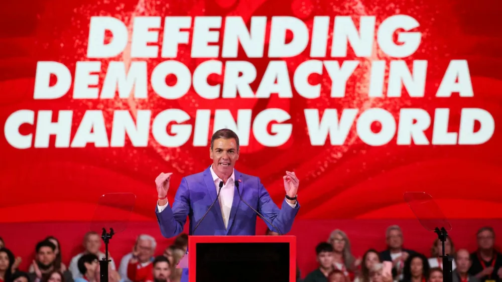 Spain's Prime Minister Pedro Sanchez speaks at the Global Progressive Mobilisation in Barcelona, Spain, April 18, 2026. REUTERS/Nacho Doce
