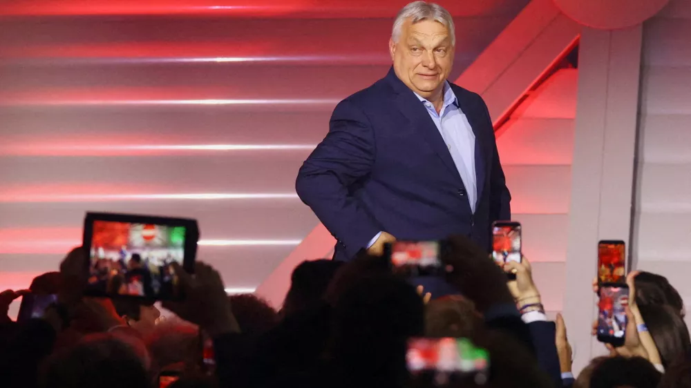 FILE PHOTO: Hungarian Prime Minister Viktor Orban arrives to address supporters after the announcement of the partial results of parliamentary election in Budapest, Hungary, April 12, 2026. REUTERS/Bernadett Szabo/File Photo