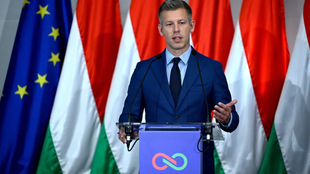 Tisza Party head and prospective prime minister Peter Magyar attends a press conference during the first meeting of the future faction in Budapest, Hungary, Monday, April 20, 2026. (Robert Hegedus/MTI via AP)