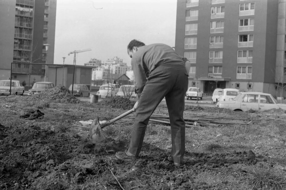 Stolpnice v Savskem naselju in vrtički, ki jih je kasneje zamenjala dana&scaron;nja BMX-proga, april 1972. / Foto: Marjan Ciglič, hrani Muzej Novej&scaron;e In Sodobne Zgodovine Slovenije