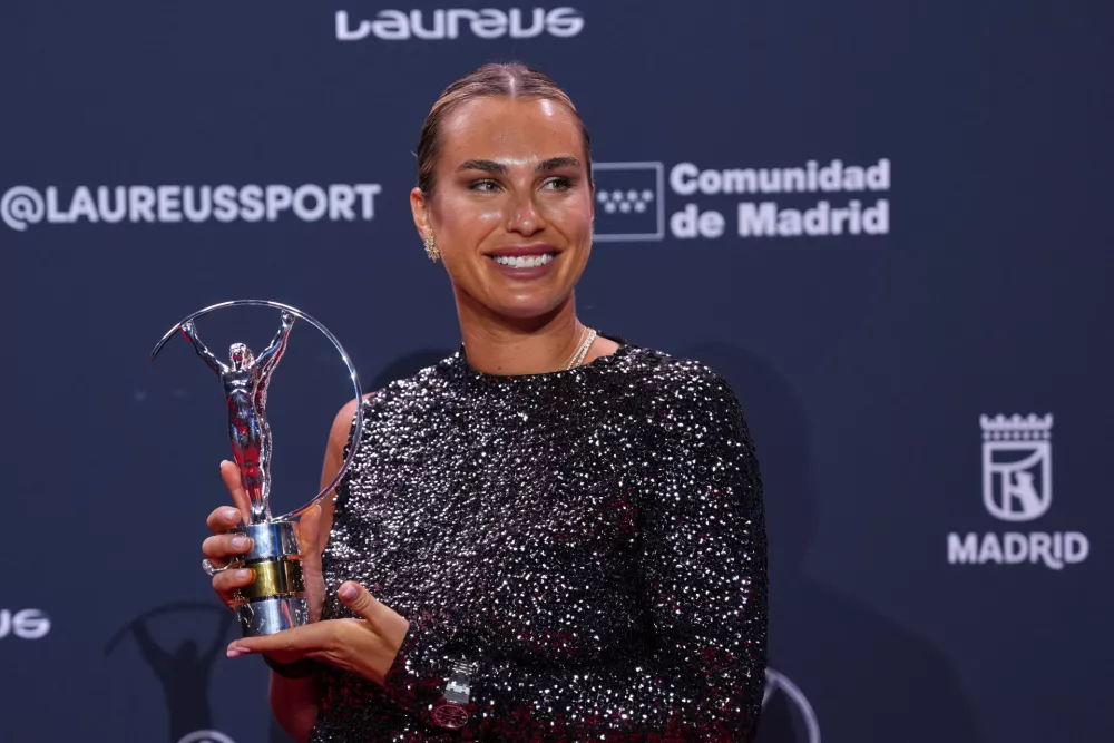 Belarusian tennis player Aryna Sabalenka poses with the award during the 2026 Laureus World Sports Awards ceremony in Madrid, Spain, Monday, April 20, 2026. (AP Photo/Manu Fernandez)
