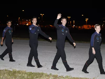 SpaceX Falcon 9 crew, left to right, Shubhanshu Shukla of the Indian Space Research Organization, Tibor Kapu of Hungary, Slawosz Uznanski-Wisniewski of Poland, and commander Peggy Whitson before departing for pad 39A for a mission to the International Space Station at the Kennedy Space Center in Cape Canaveral, Fla., Tuesday, June 24, 2025. (AP Photo/Terry Renna)