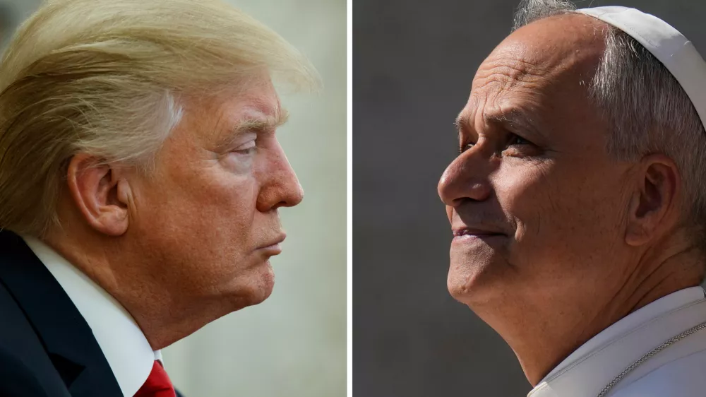 FILE- This combination file photos show on left, President Donald Trump listening during a meeting with North Korean defectors where he talked with reporters about allowing the release of a secret memo on the F.B.I.'s role in the Russia inquiry, in the Oval Office of the White House, on Feb. 2, 2018, in Washington and on right, Pope Leo XIV arriving for his weekly general audience in St. Peter's Square, at the Vatican, on Aug. 6, 2025. (AP Photos/Evan Vucci and Gregorio Borgia, File)