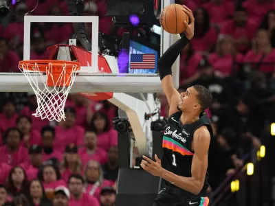 Apr 19, 2026; San Antonio, Texas, USA; San Antonio Spurs forward Victor Wembanyama (1) goes up to dunk during the second half of game one of the first round of the 2026 NBA Playoffs against the Portland Trail Blazers at Frost Bank Center. Mandatory Credit: Scott Wachter-Imagn Images