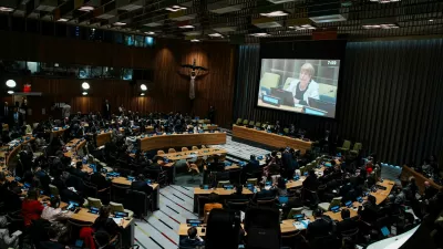 Michelle Bachelet Jeria, candidate for the position of the next Secretary-General speaks to delegates while candidates for the position of new United Nations Secretary General are interviewed at U.N. headquarters in New York City, U.S., April 21, 2026. REUTERS/Eduardo Munoz