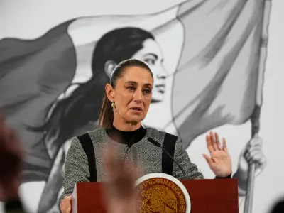 FILE - Mexican President Claudia Sheinbaum speaks during her daily morning press conference at the National Palace in Mexico City, Nov. 28, 2025. (AP Photo/Marco Ugarte, File)