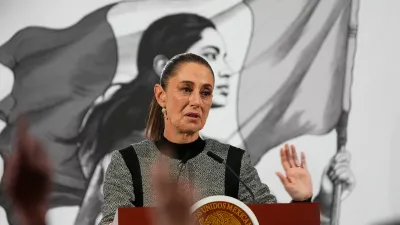 FILE - Mexican President Claudia Sheinbaum speaks during her daily morning press conference at the National Palace in Mexico City, Nov. 28, 2025. (AP Photo/Marco Ugarte, File)