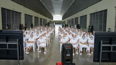 Members of Mara Salvatrucha, also known as MS-13 gang, attend an open hearing by El Salvador prosecutors against 486 members of the gang, who are accused of more than 47,000 crimes committed between 2012 and 2022, according to a statement from the Attorney General's Office, at the Terrorism Confinement Center (CECOT) in Tecoluca, El Salvador, April 20, 2026. Attorney General's Office of El Salvador/Handout via REUTERS ATTENTION EDITORS - THIS IMAGE HAS BEEN SUPPLIED BY A THIRD PARTY. NO RESALES. NO ARCHIVES.