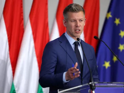 FILE PHOTO: Election winner Peter Magyar speaks during a press conference in Budapest, Hungary, April 20, 2026. REUTERS/Bernadett Szabo/File Photo