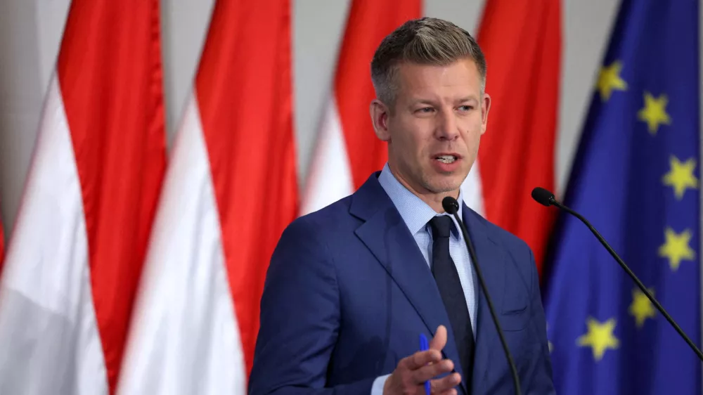 FILE PHOTO: Election winner Peter Magyar speaks during a press conference in Budapest, Hungary, April 20, 2026. REUTERS/Bernadett Szabo/File Photo
